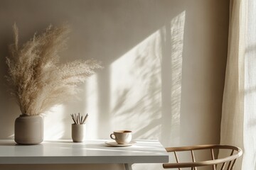 Minimalist workspace with a tea cup beside a vase in a cozy and bright room