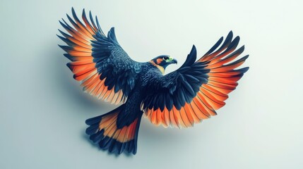 Fototapeta premium Illustrate a hyper-realistic falcon flying gracefully, its colorful wings spread wide, captured against a minimalistic white backdrop that highlights its beauty and details.