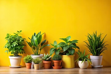 Indoor Plants in Decorative Pots on Vibrant Yellow Background - Home Decor Inspiration for Plant Lovers, Indoor Gardening Ideas, Greenery Aesthetics, and Nature Vibes