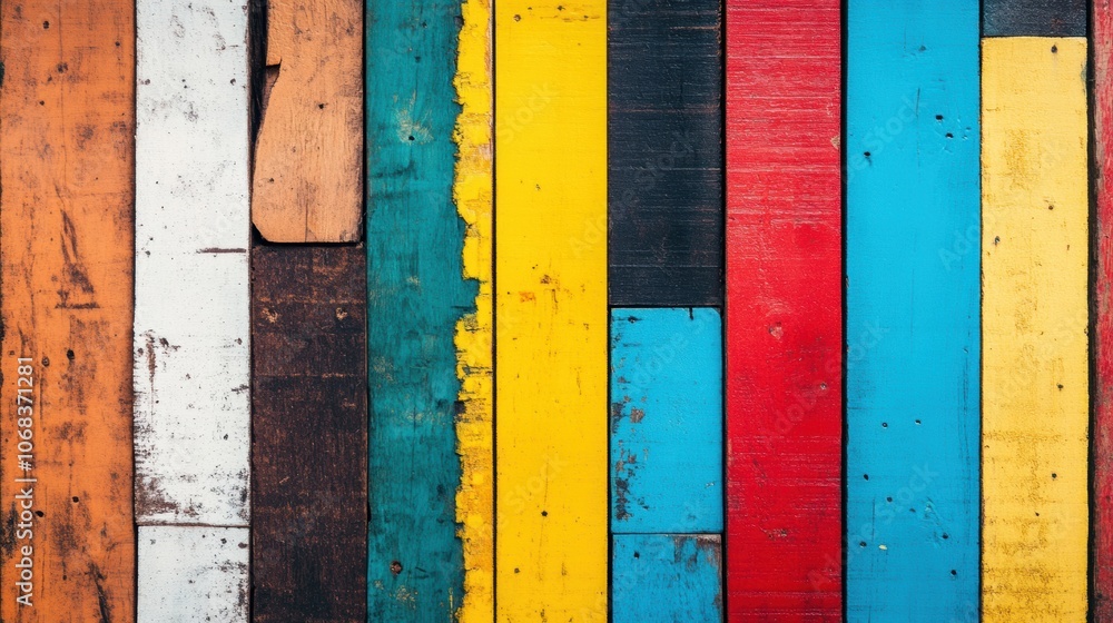 Poster the rustic wood planks display an array of bright colors, creating a lively and inviting atmosphere 