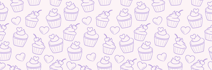 Cute cupcake or muffin illustration vector repeat pattern banner with hearts, line art illustration background for bakery cover design