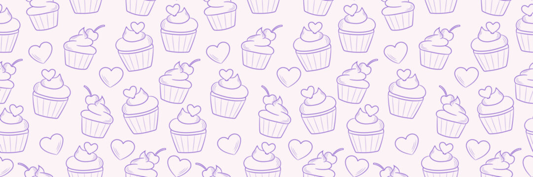 Cute cupcake or muffin illustration vector repeat pattern banner with hearts, line art illustration background for bakery cover design