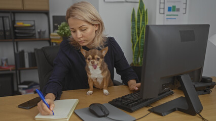 A young blonde woman working in a detective's office with her chihuahua dog sitting on the desk...