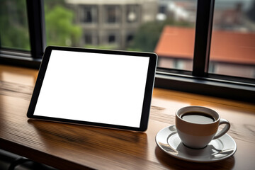 Morning coffee alongside a tablet by the window in a cozy cafe with city views