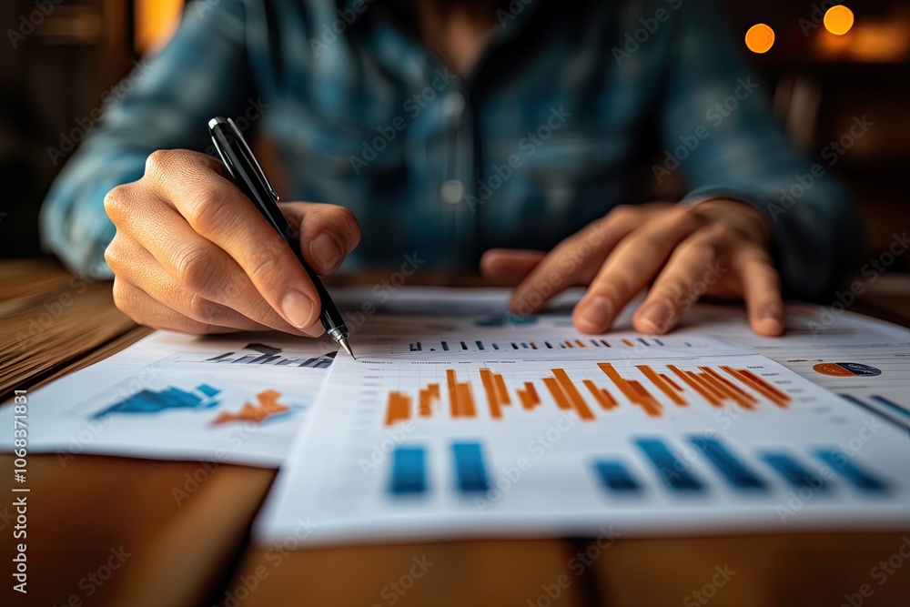 Poster close-up of hands analyzing charts. this photo is perfect for illustrating concepts related to busin