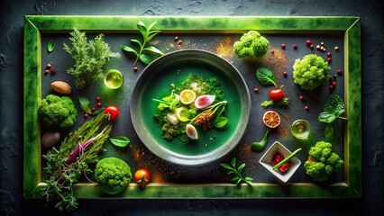 Exquisite Food Photography Featuring a Green Glowing Frame on a Black Background, Highlighting Gourmet Dishes and Culinary Artistry for Culinary Enthusiasts and Food Lovers