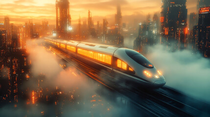 Futuristic train in a cityscape at sunset, with foggy atmosphere.