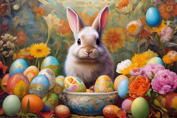generated illustration of bunny at Easter, clutching a basket filled with eggs