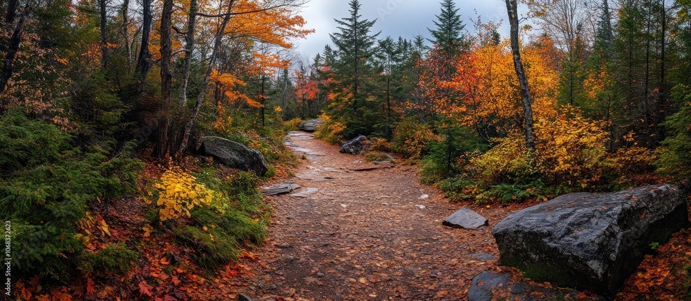 Poster a winding forest path in the fall with colorful leaves and fallen branches.