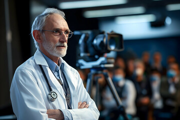 A thoughtful doctor stands before a camera, engaged with an audience in a clinical setting, exemplifying professionalism and expertise.