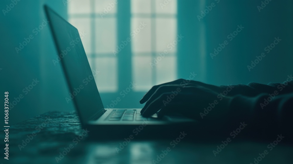 Poster a hacker is focused on typing rapidly on a laptop, surrounded by low light in a dim room, evoking a 