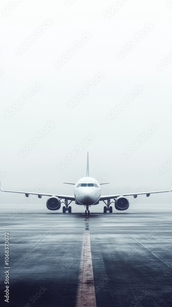 Poster large passenger airplane is standing on the runway of an airport, enveloped in a thick fog, creating