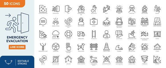 Emergency evacuation icon set. set icons related to disasters, evacuation, emergencies, and more. Outline Icon Collection. Vector illustration. Editable stroke	