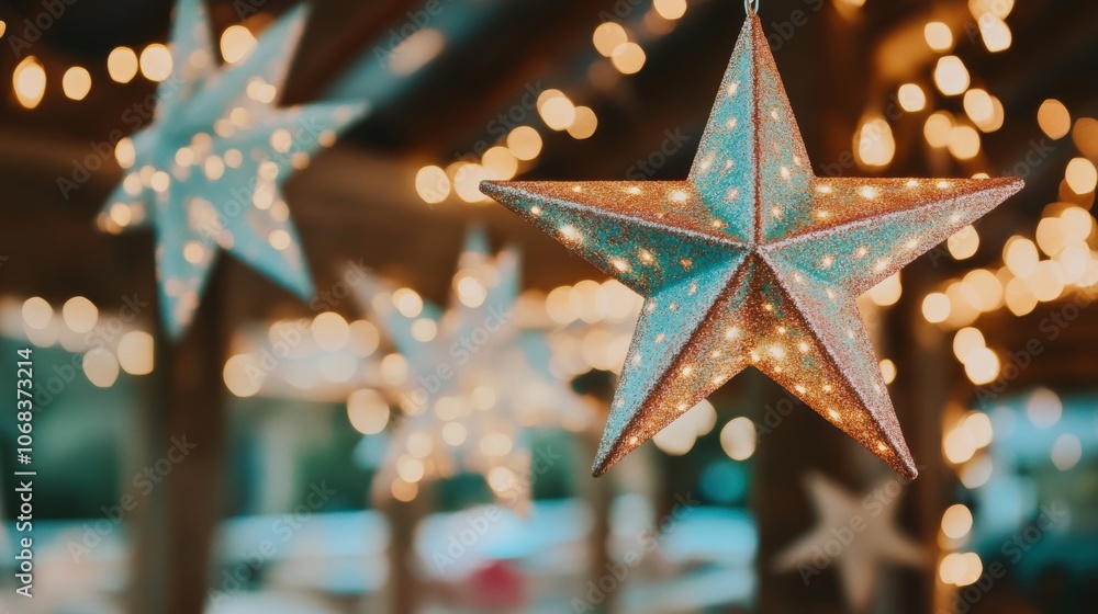 Aufkleber star-shaped ornaments adorned with lights create a festive atmosphere amid soft bokeh lights in an o