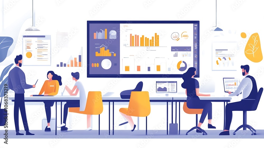Poster business meeting with data visualization and charts on display