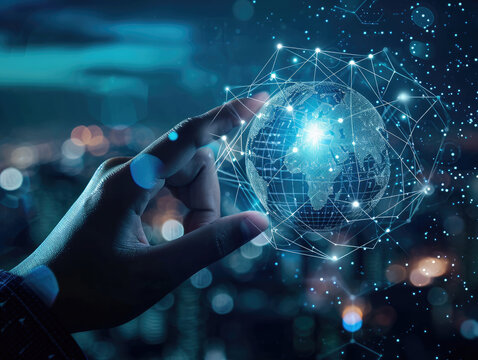 hand touching global network and data exchanges over the world 3D rendering, network city background. Internet concept. Technology Ai for science, business, innovation