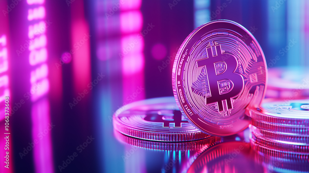 Poster bitcoin coins shine under colorful neon lights, creating a striking visual effect in a dark setting