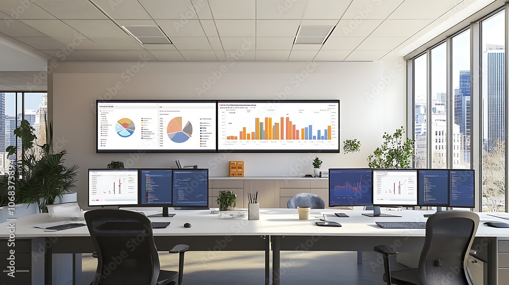Aufkleber modern office workspace with data visualizations and city view