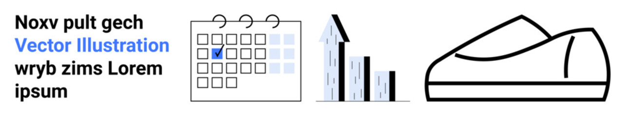 Calendar with highlighted date, bar graph with growth arrow, and a minimalist sneaker. Ideal for business planning, productivity, analytics, growth strategy, design, product development