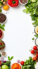 A vibrant arrangement of fresh vegetables and herbs framing a blank space for recipes or menus.