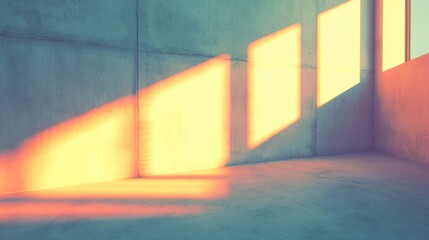 Warm sunlight streams through windows, casting soft shadows on the walls of a minimalist interior, creating a tranquil atmosphere