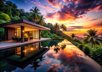 Fototapeta premium Modern Villa with Infinity Pool Surrounded by Lush Jungle - Stunning Silhouette Photography of Luxury Architecture, Tropical Paradise, and Scenic Views for Dreamy Getaways
