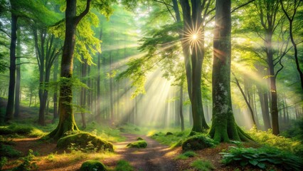 Obraz premium Mystical Misty Forest with Sunbeams Filtering Through Lush Green Trees - Nature's Serenity and Tranquility Captured in Candid Photography