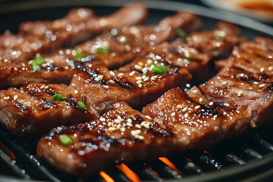 Grilled galbi short ribs sizzling with a rich caramelized glaze, a delicious Korean delight