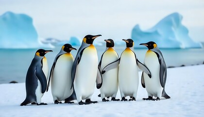 Fototapeta premium Group of King Penguins on Snowy Landscape,