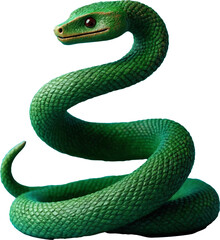 A bright green snake coiled among delicate flowers and leaves on a transparent background. The illustration symbolizes harmony and beauty in honor of the Year of the Snake in the Eastern calendar.