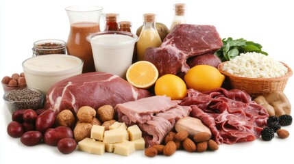 A variety of meats, dairy, nuts, and fruits arranged for culinary use.