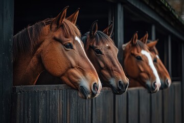 Obraz premium Four horses peering from stalls. A close-up shot of four horses in a stable, looking out from their stalls, perfect for equestrian-related projects or themes of curiosity.