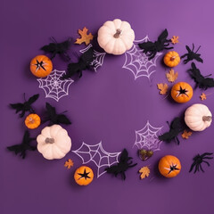 generated illustration of Halloween minimal still life. hand with spiders on purple background