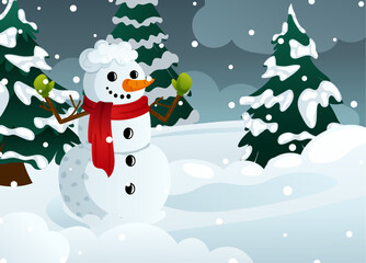 Snowman with Scarf & Mittens in Snow Outdoor with Fir Trees. Winter Holiday Cartoon Illustration