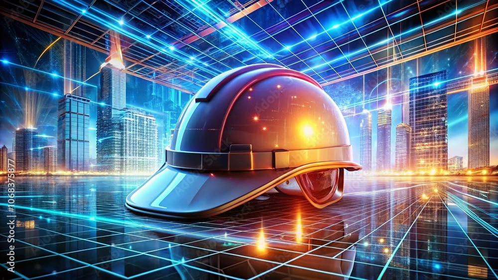 Aufkleber futuristic construction helmet on a digital blueprint background with glowing elements showcasing ad