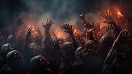 generated illustration of Halloween night background of numerous scary zombie hands risen up