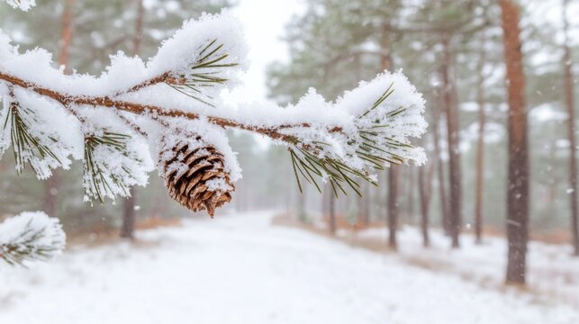 A pine branch laden with fresh snow and a pine cone, set against a serene winter landscape with trees blanketed in white - Powered by Adobe