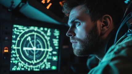 A professional pilot looking at the radar screen in the airplane cockpit during a flight, focused on navigation.