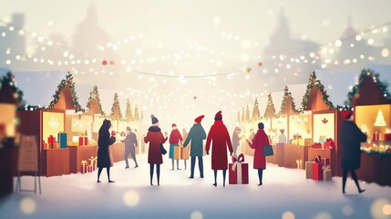 Obraz premium Christmas market scene with people browsing festive gifts, with room for text on a soft, blurred background.