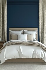 bedroom with a blue wall and beige curtains. Modern interior design for a hotel or home, mock-up poster template background