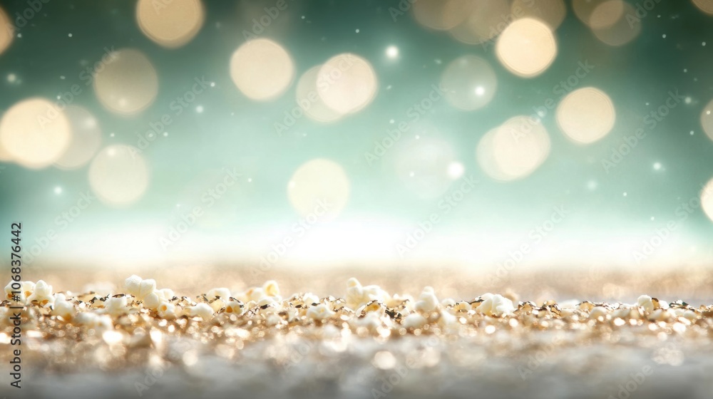 Poster colorful popcorn is scattered across a bright green surface, creating a cheerful and whimsical displ