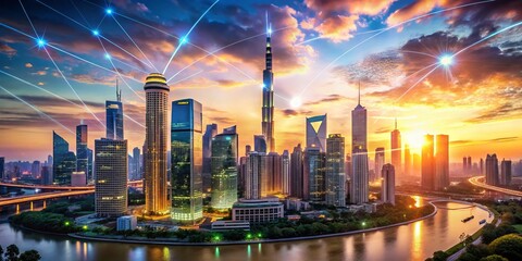 Obraz premium Futuristic Landscape with Holographic Trade Patterns and Dynamic City Skyline at Dusk, Showcasing Advanced Technology and Global Connectivity in a Vibrant Color Palette