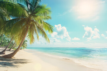 Obraz premium Beautiful tropical beach with lush palm trees, soft white sand, and crystal-clear turquoise water, perfect for a relaxing vacation under the sun in paradise
