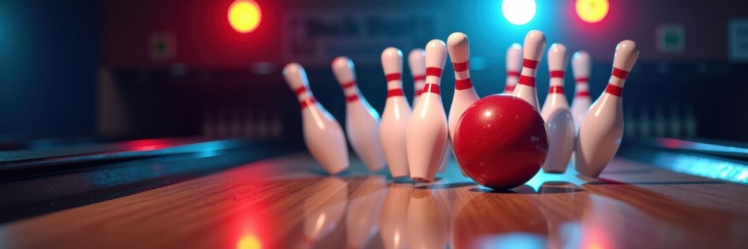 A vibrant bowling scene featuring a striking red ball heading toward a set of ten white pins, perfect for sports, entertainment, or leisure-themed projects.