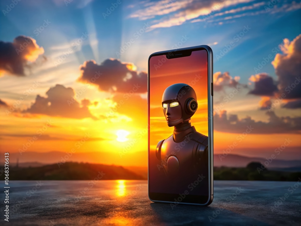 Poster futuristic smartphone with advanced chatbot ai technology in silhouette, highlighting innovation and