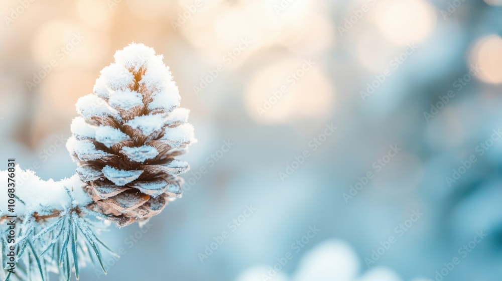 Poster a pine cone covered in fresh snow is perched on a branch, illuminated by gentle winter sunlight filt