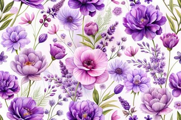 Seamless Pattern of Elegant Purple and Lavender Flowers on a White Background - Floral Design, Nature Aesthetic, Botanical Art, Home Decor, Textiles, Wallpaper, Digital Background, Feminine Touch