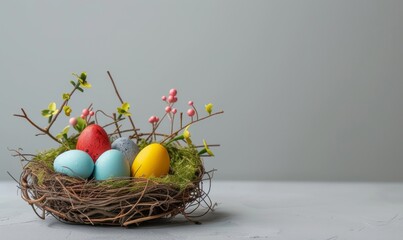 colorful easter nest with easter eggs Copy space