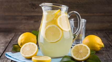 Clear pitcher with lemonade and lemon slices on wooden surface