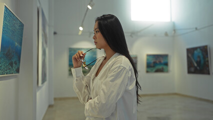 Woman examining artwork in indoor art gallery setting